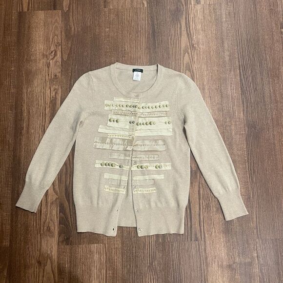 Vintage J. Crew Taupe Wool Cashmere Blend Cardigan Silk Ribbon Beads Size XS - Picture 1 of 8